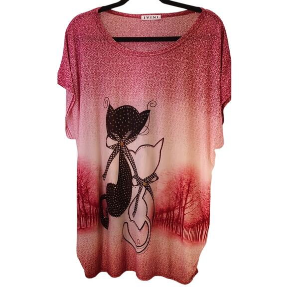 Womens Y2K Red Ombre Flowy Top with Rhinestone Cat Design One Size Whimsical Fun - Picture 1 of 6